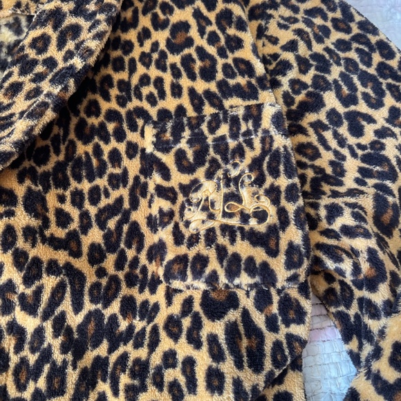 Lauren By Ralph Lauren Short Fleece Black and Tan Cheetah Print Bathrobe Size XL - Picture 8 of 9